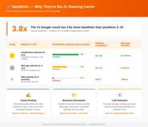 Backlinks comparison table showing established website with 487 referring domains ranking number 1 versus new website with zero backlinks ranking at position 8