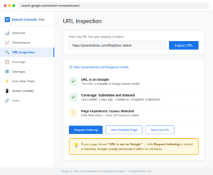 Google Search Console URL Inspection Tool showing a website indexed on Google with Request Indexing button