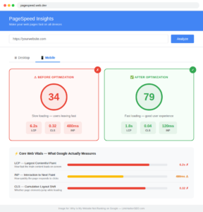 PageSpeed Insights showing score 34 before optimization and score 79 after optimization with Core Web Vitals LCP CLS INP comparison