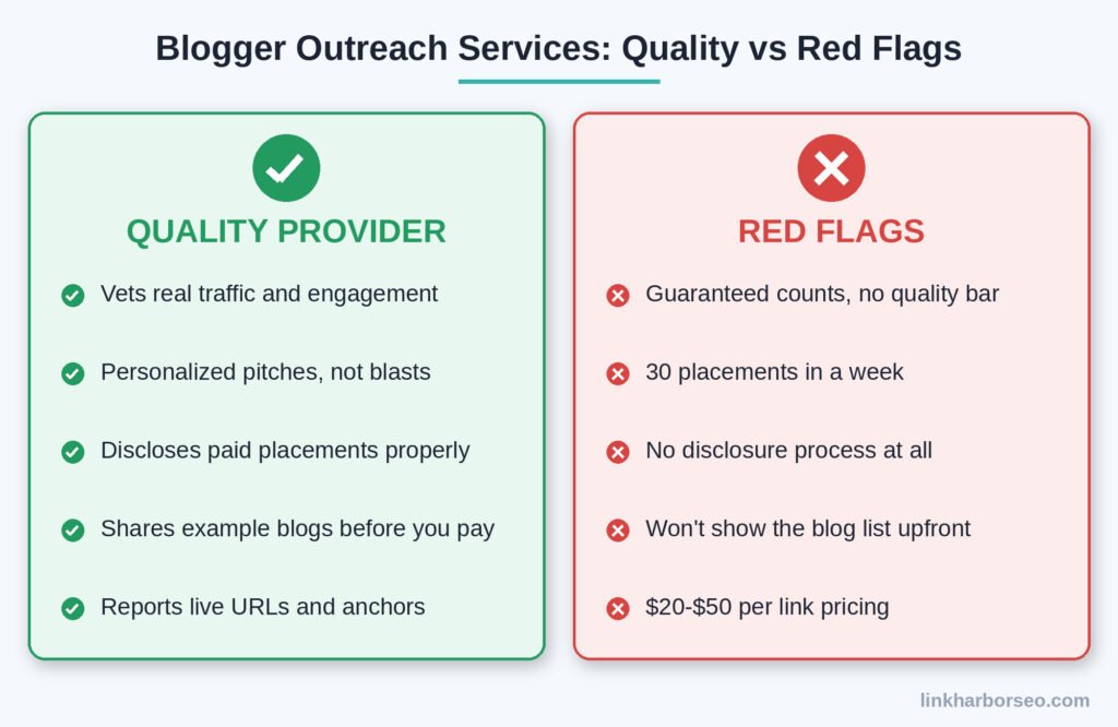 blogger outreach services checklist comparing a quality provider with red flags to avoid