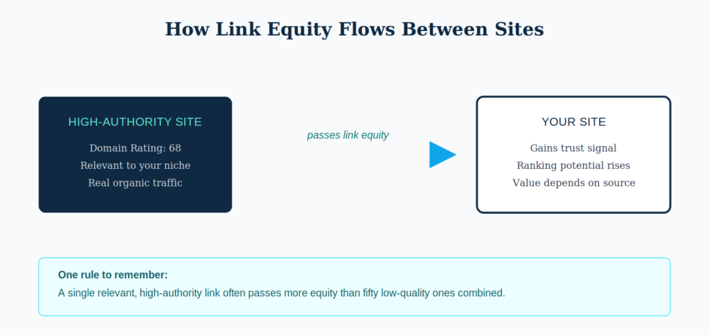 diagram showing link equity flow from high authority site to your site