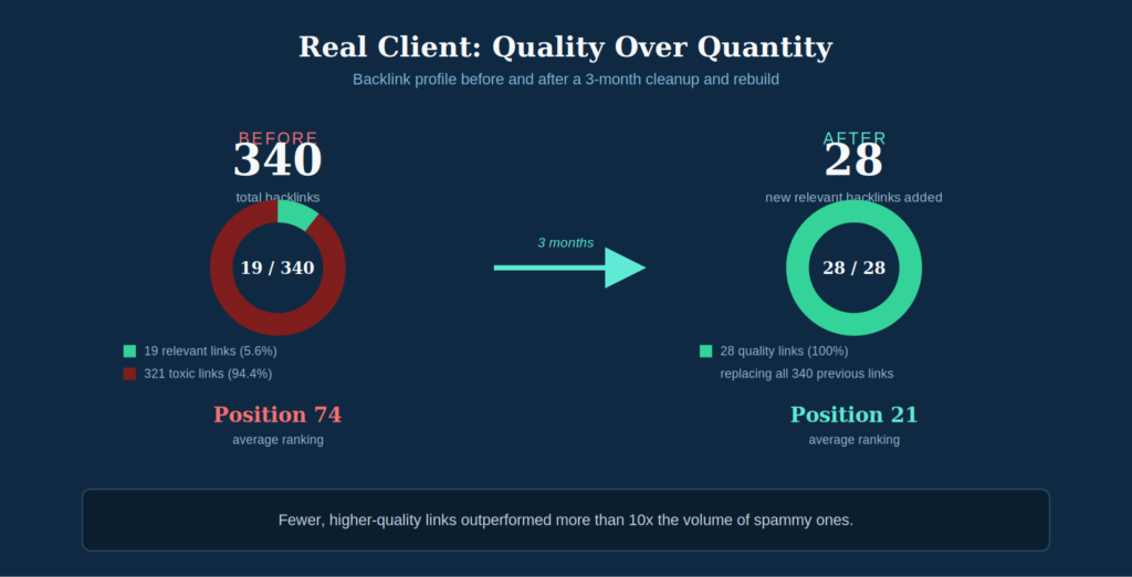 case study showing backlink quality improvement from position 74 to 21