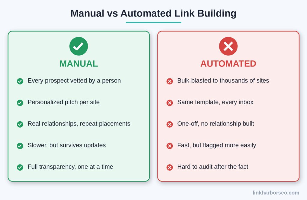 manual vs automated link building comparison of vetted pitches and bulk software submissions