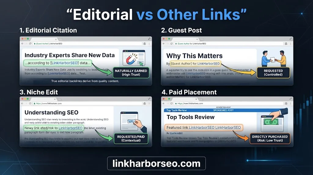 Comparison of editorial links, guest posts, niche edits, and paid links