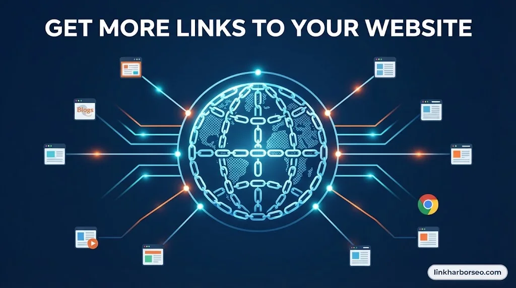 Illustration showing how to get more links to your website using proven backlink strategies, by LinkHarborSEO