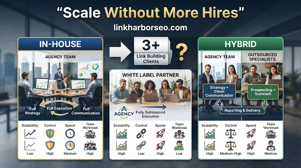 Comparison of in-house, white label, and hybrid link building models for agencies