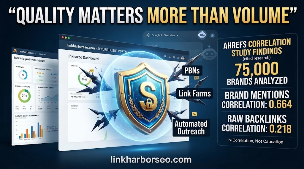 White label link building safety graphic showing PBN risks and Ahrefs brand mention correlation statistics