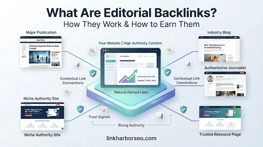 Editorial backlinks explained with natural link building and SEO authority concept