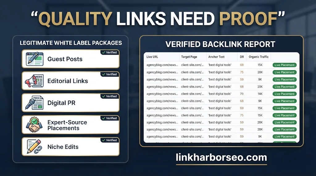 White label link building package showing guest posts, editorial links, digital PR, and backlink metrics