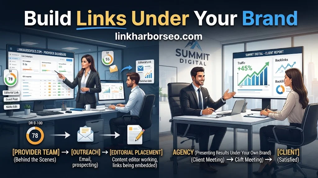 White label link building process showing providers building backlinks for agencies