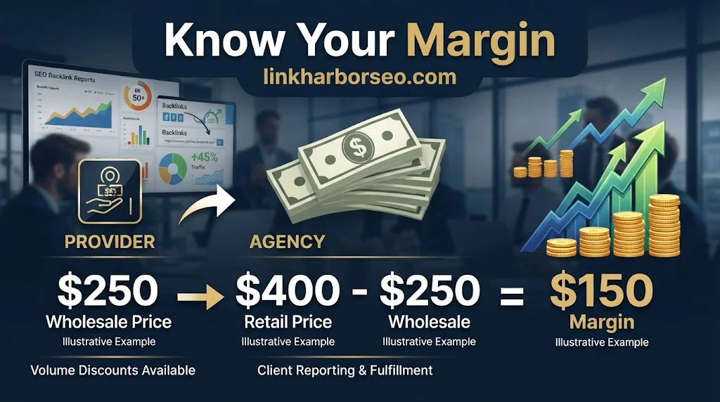 White label link building reseller economics showing $250 cost, $400 retail, and $150 margin