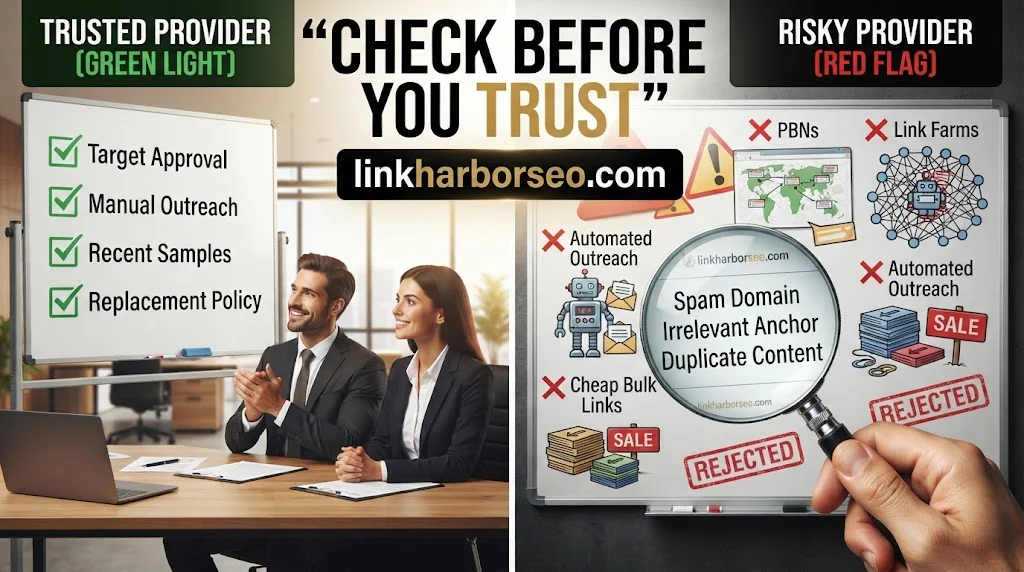White label link building provider vetting checklist showing PBN and link farm red flags